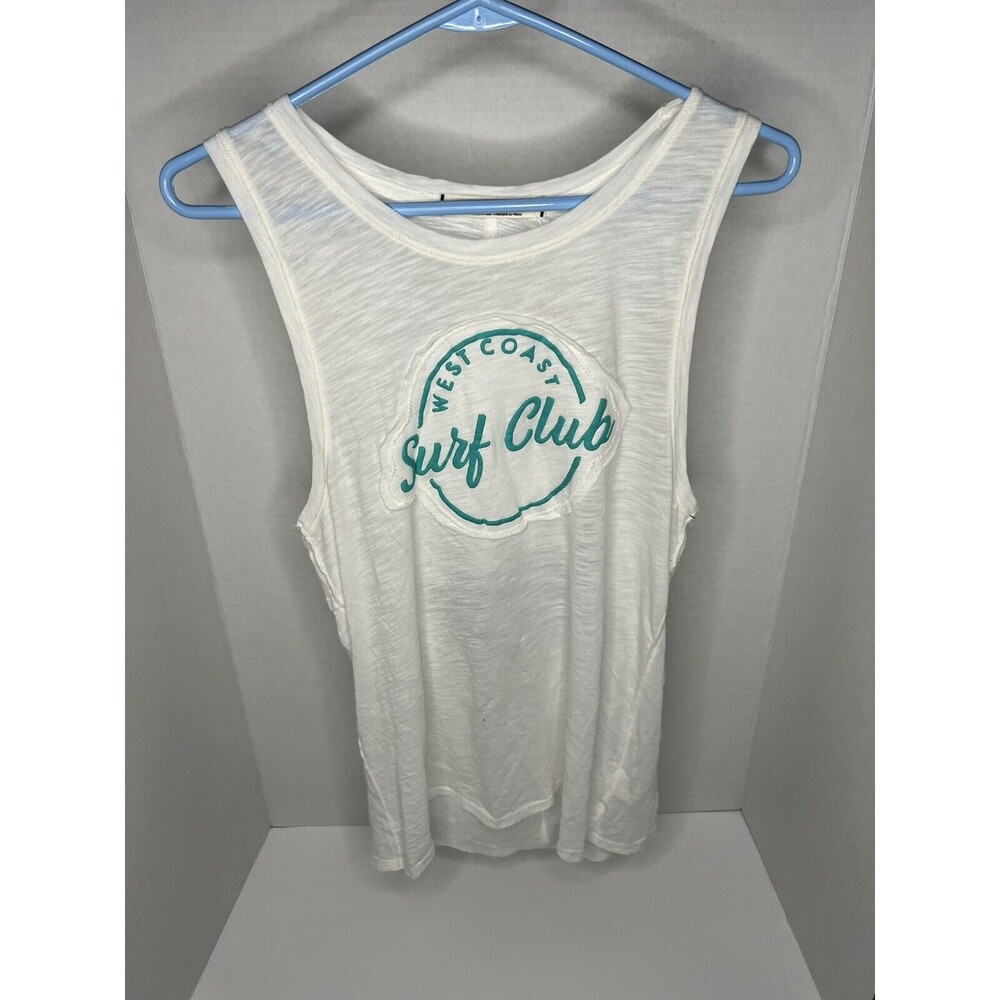 NWT Free People Women White Ivory Teal West Coast Surf Club Cut Out Tank Top L